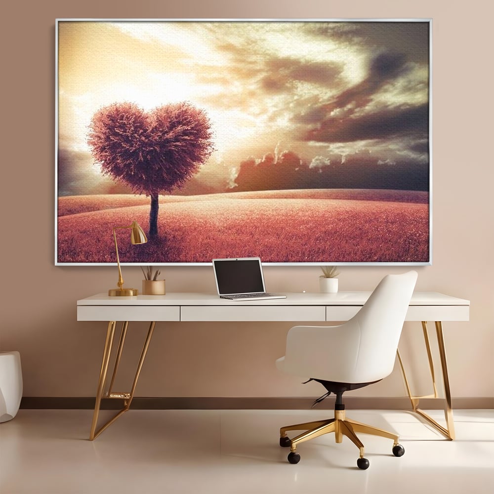 Tablou canvas cu tablou canvas cu un copac in forma de inima, in rama de aluminiu argintiu, pe perete intr-un birou